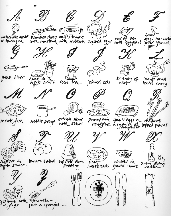 pen and ink drawing of an alphabetical menu